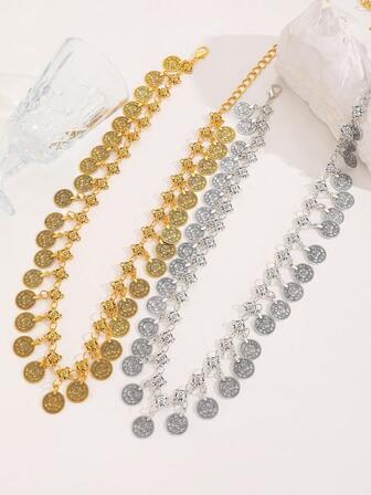 1pc Vintage Casual Coin Pendant Waist Chain, Heart Tassel Waist Belt, Suitable For Women To Pair With Dresses