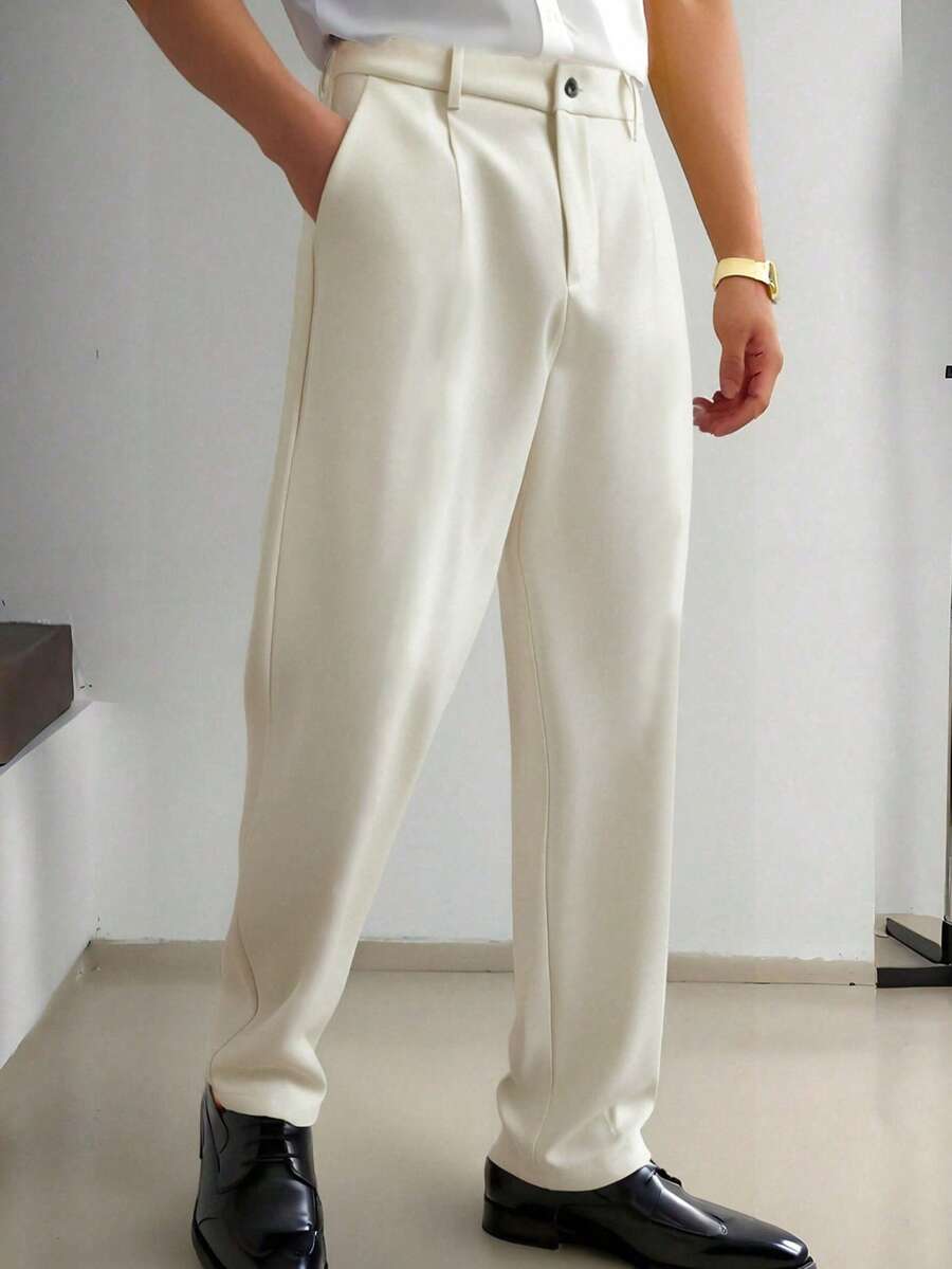 男士宽松轻便商务长裤，涤纶阔腿裤，直筒正装裤，直筒休闲裤，纯色西装裤 - 杏色 - 查看 1