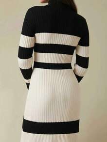 女士针织条纹高领长袖毛衣裙，荷叶边下摆，罗纹针织细节，中等弹力，时尚优雅休闲风格，适合日常穿着秋冬女装 - 杏色 - 查看 2