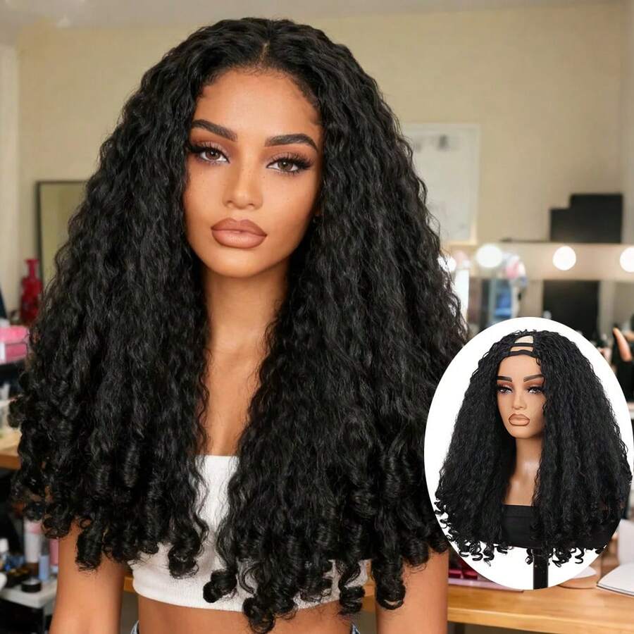 طقم شعر مستعار كامل للرأس من الألياف الصناعية الناعمة والمجعدة بشكل كيني أفرو، طقم شعر مجعد فاخر بتقسيمة على شكل V للنساء، بطول 20 بوصة