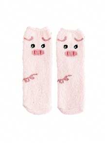 1 Pair Women's Pink Cute Pig Plush Soft Mori Girl Warm Thermal Lined Short Socks, Autumn/Winter - Pink - View 3