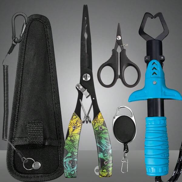 Kit de pesca multifuncional de acero inoxidable, alicates de pesca con revestimiento de titanio resistentes a la corrosión, incluye bolsa de almacenamiento, cordón, tijeras, clip retráctil y agarrador de peces con mango antideslizante, herramientas de pesca para exteriores