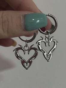 1pair Punk Style Heart Shaped Stainless Steel Pendant Earrings, Hip Hop Accessories, Suitable For Women's Daily Wear Jewelry Valentines - 1對 - 查看 5