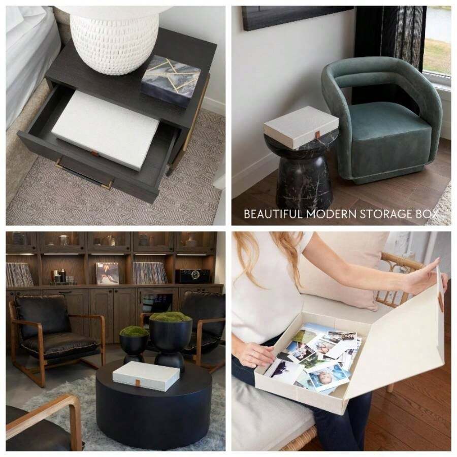 Cajas decorativas de almacenamiento de fotos con tapas, juego de 2 hermosos organizadores de lino son perfectos para almacenar de forma segura tus fotos, documentos, suministros de lbumes de recortes, recuerdos y otros recuerdos con estilo - L + Marfil - Ver 1