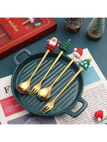 1 Conjunto Caixa de Presente Garfo e Colher de Natal, Colher de Café de Aço Inoxidável, Garfo de Sobremesa, Decoração de Caixa de Presente de Natal, Rena, Papai Noel, Árvore de Natal, Série Meia de Natal, Presentes de Festa de Feriado - Multicolorido - Visão 2