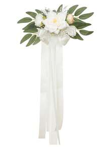 1件白色玫瑰婚礼走道装饰，粉色教堂长椅装饰，婚礼仪式派对椅装饰，配以人造花、桉树叶和丝带