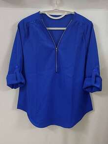 Women's Casual Long Sleeve Partial Open Front Shirt - Blue - View 4