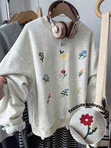 女士长袖套头衫，精致花卉刺绣针织面料，常规长度上衣 - 淺灰色 - 查看 7