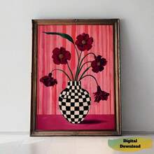 1pc Floral Check Vase Print: Berry Pink Wall Art - Multicolor - View 14