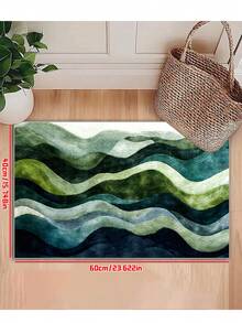 1pc Ombre Green Wavy Pattern Bath Mat, Non-Slip, Machine Washable, Low Pile Knit Fabric, Polyester TPR Blend, Rectangular Bathroom Rug, Decorative Carpet