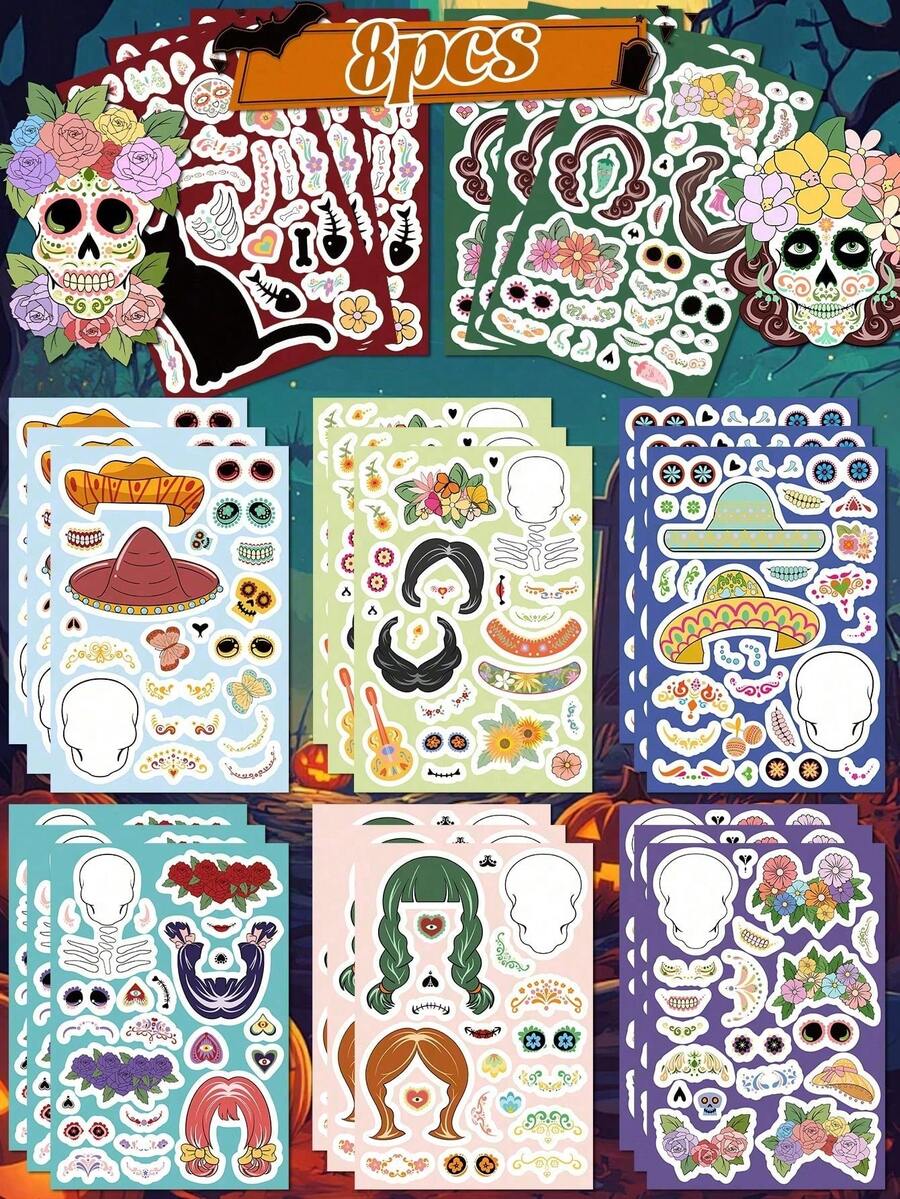 8pcs Mexican Day Of The Dead Face Swap Waterproof Stickers For Laptop, Water Bottle, Phone, IPad, Guitar, Fridge, Luggage, Suitable For Halloween, Day Of The Dead, Christmas And Other Holidays