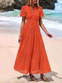 Women's Spring And Summer Maxi Dress Short Sleeve V Neck Hollow Out Eyelet A Line Long Flowy Wedding Guest Beach Vacation Dresses For Women - 橘色 - 查看 5
