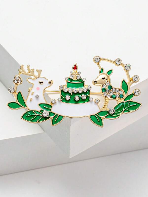 1pc Cute Enamel Cake Shape Crystal Brooch, Delicate Deer Animal Lapel Pin, Best Birthday Gift