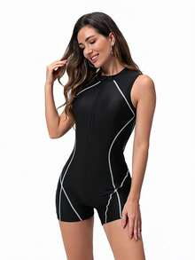 1 Piece Women's Fashion Slimming Surfing Swimsuit, Sexy Women's One Piece Swimsuit With Front Zipper For Diving And Surfing, Summer - 黑色 - 查看 5