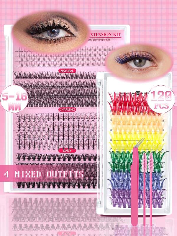 FQBFQB 120/480 piezas Racimos de pestañas postizas, Racimos de extensión de pestañas DIY, Racimos de pestañas con curvatura D, Mezcla de 5-16mm, Kit de racimos de pestañas con 4 estilos - Pestañas inferiores, Natural, Encantador, Diario, Seis juegos de colores mezclados, Hazlo tú mismo en casa, Adecuado para principiantes