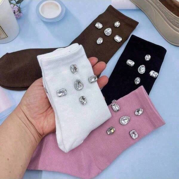 1 par/2 pares/4 pares de meias femininas de cano médio com decoração de strass brilhante, meias casuais femininas elegantes e duráveis, meias de cano médio confortáveis e respiráveis, adequadas para todas as estações, aniversário/encontro/dia dos namorados/viagem/festa