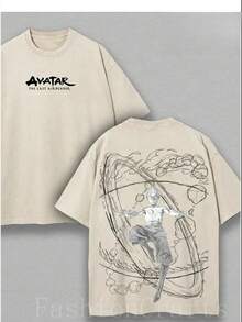 Winter Clothes For Women Graphic Tees Men  Retro Vintage Limited Aang - The Last Air Nomad - The  Anime Double Printed Washed Tee Unisex Oversize Anime Manga Acid Washed Lightweight Cotton T-Shirt, Gift For Anime Fan, Anime Lover Men Clothes Halloween - 卡其色 - 查看 1