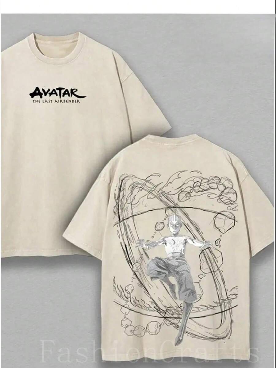 Winter Clothes For Women Graphic Tees Men Retro Vintage Limited Aang - The Last Air Nomad - The Anime Double Printed Washed Tee Unisex Oversize Anime Manga Acid Washed Lightweight Cotton T-Shirt, Gift For Anime Fan, Anime Lover Men Clothes Halloween - 卡其色 - 查看 1