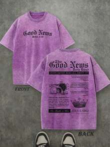 Retro Washed T-Shirt Double Sided Printed (230 Pure Cotton T-Shirt) 'The Good News,  JESUS IS KING!' Letter And Crown Pattern Print, Men's T-Shirt, Men's Casual, Comfortable, Fashionable T-Shirt, Street Style Cotton - 紫丁香色 - 查看 1