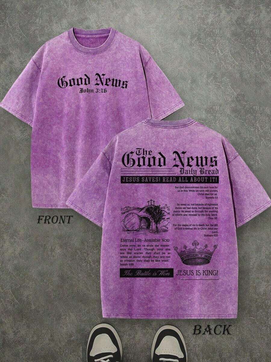 Retro Washed T-Shirt Double Sided Printed (230 Pure Cotton T-Shirt) 'The Good News, JESUS IS KING!' Letter And Crown Pattern Print, Men's T-Shirt, Men's Casual, Comfortable, Fashionable T-Shirt, Street Style Cotton - 紫丁香色 - 查看 1