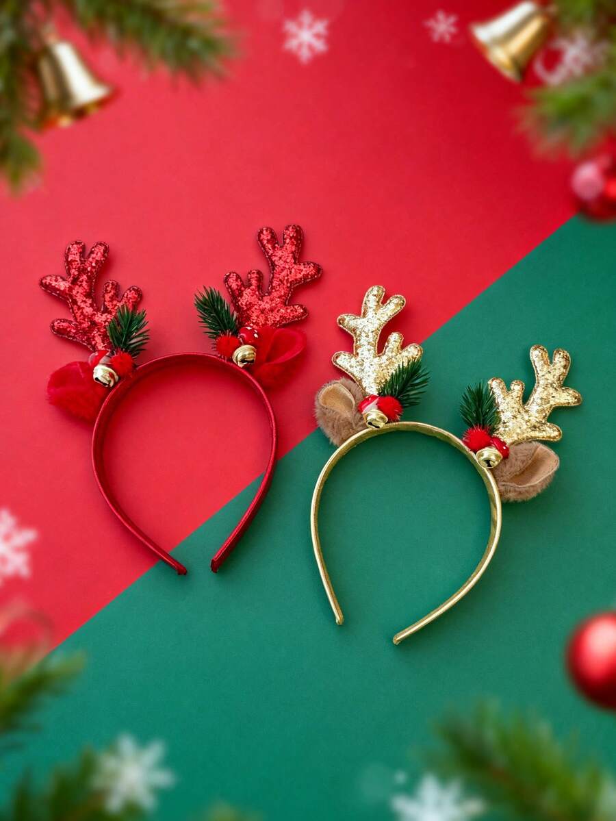 1pc Christmas Deer Horn Headband, Decorated With Bells, Sequins And Hair Clips, Suitable For Parties, Gatherings And Other Occasions, Children Party Decoration Hair Accessory - Multicolor - View 1