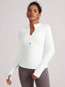 Chaqueta deportiva ajustada para mujer de con agujeros para el pulgar y cuello alto - Blanco - Ver 4