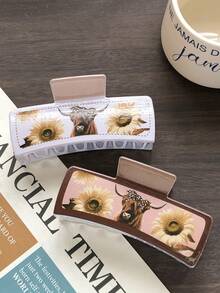 1 pezzo/2 pezzi Fermaglio per capelli a forma geometrica della serie cowgirl occidentale, accessorio per capelli casual da donna per raccolti, design a motivo di girasole e mucca, articolo versatile per autunno/inverno