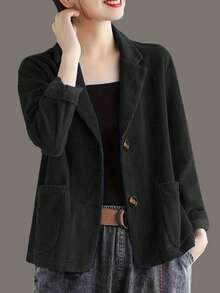 女士复古风蓝色竖条纹柔软丝绒宽松秋季西装外套，单排纽扣设计，版型宽松，如果您身材偏瘦，建议购买小一码。休闲百搭，春季必备。 - 黑色 - 查看 4