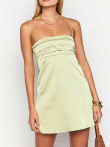 Women Satin Homecoming Dress Spaghetti Strap Mini Prom Dress For Teens Square Neck Pleated Short Party Dresses - Green - View 1