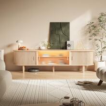 INNOD 70" TV Stand With RGB LED Lights, Mid Century Modern Acrylic Sliding Doors & Ample Storage, Tall Legs For Living Room Entertainment Center, Stylish Wood Media Console Cabinet - Natural Oak - 查看 5
