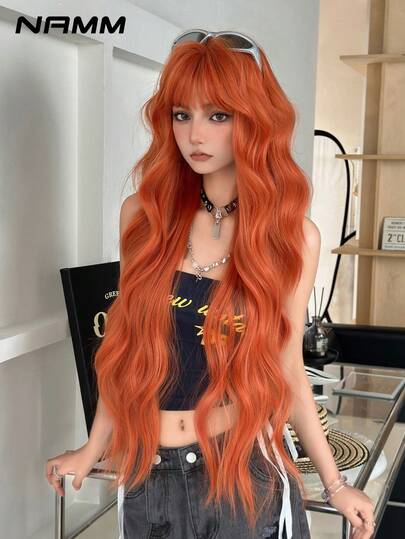 NAMM 30-Inch Orange Extra Long Wavy Wig For Women, Fluffy Wave Curly Wigs With Bangs , Synthetic Fiber Hair Full Machine Wigs For Music Festival Party Wear, Halloween Cosplay Costume Use All-Match Fashion Accessories