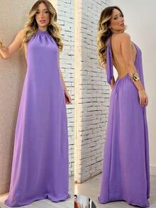 Women's Long Backless Simple Beach Dress None Fabric Backless / Backless Ruffled 019 Wedding Evening Beach Home Office Formal & Evening Travel Daily Birthday Party Summer - Lilac - View 1