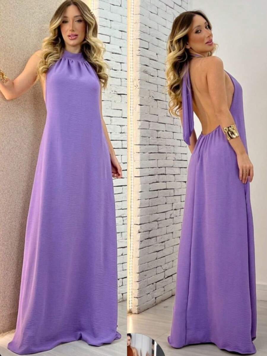 Women's Long Backless Simple Beach Dress None Fabric Backless / Backless Ruffled 019 Wedding Evening Beach Home Office Formal & Evening Travel Daily Birthday Party Summer - Lilac - View 1