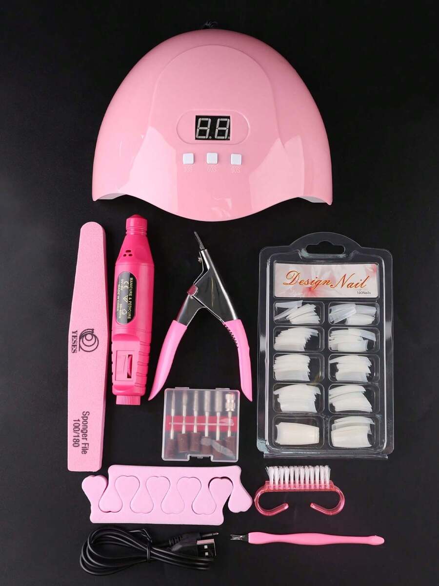 8合1美甲工具套装，包括美甲UV灯、凝胶指甲油胶水烘干机、指甲油机、去死皮叉、去死皮推、指甲锉、手指分隔器、指甲修复美甲套装