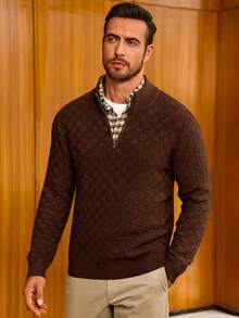 Mens Polo Sweater Quarter Zip Pullover Slim Fit Mock Neck Knit Checkered Jumpers Casual Fall Winter Outfits - Coffee Brown - View 5