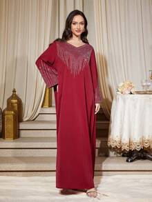 优雅水钻V领休闲宽松长袖连衣裙 春季 - 酒紅色 - 查看 6