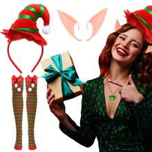 Three Pieces Christmas Fairy Costume Set (Including Headband, Leg Part And Socks) - Festive Red And Green Striped Fairy Ears, Green Sweater And Bow Tie - Suitable For Christmas And New Year Parties, Cute Style, Suitable As Accessories For Christmas Role-Playing Outfits - Multicolor - View 7