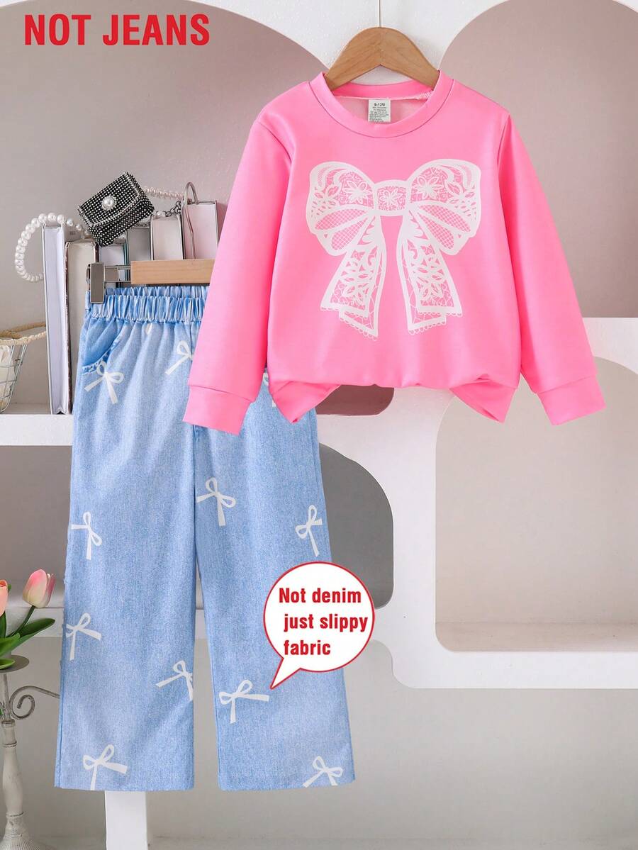 两件套新款女童休闲长袖套装，蝴蝶印花圆领T恤上衣搭配蝴蝶印花长裤，时尚黑色运动装，甜美可爱，适合户外、派对、日常休闲穿着