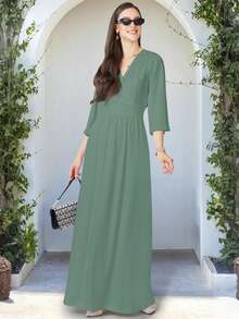 KOH KOH Women's Long V Neck Flowy Kimono Sleeve Wedding Guest Semi Formal Dressy Maxi Dress Floor Full Length Soft Stretch Stretchy Jersey Knit Comfortable Comfy Casual Pull On Elegant Modest Simple Solid Classy Slimming Flattering Draped Empire High Waist Wide Waistband Flowing A Line Maxi Skirt No Slit Easy Wear Butterfly Bell Three Quarter Sleeve Bridesmaid Bridal Mother Of The Bride Or Groom Prom Evening Cocktail Party Black Tie Gala Gown Spring Summer Fall Autumn Frock Engagement Anniversary Graduation Homecoming Dinner Date Church Choir Sunday Baptism Funeral Baby Shower Bridal Shower Work Office Business Meeting Vacation Holiday Travel Cruise Garden Party Beach Wedding Petite And Plus Size Tall Curve Curvy Maternity Pregnancy And Nursing Friendly Stylish Timeless Classic Photoshoot Outfit For Girls And Women - 海泡石淡綠色 - 查看 3