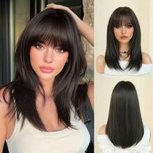 7JHH WIGS 20 英寸分层中长深棕色女士假发，优雅蓬松的全刘海合成假发，自然柔软耐热纤维假发，适合日常佩戴，初学者无胶假发配饰，母亲节礼物 - Dark Brown - 查看 12