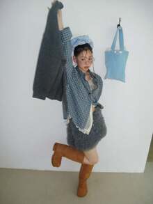 秋季新款小众格纹荷叶边下摆休闲复古拼接宽松长袖衬衫 春季 - 藍色 - 查看 5