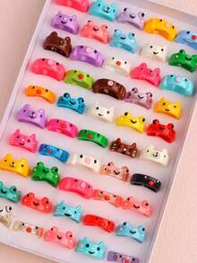 10/20/30pcs Cute Cartoon Animal Resin Rings, Frog, Kitten, Chick, Striped Pattern, Everyday Wear, Holiday Gift Accessories - Animal Resin Ring Full Mix - View 3