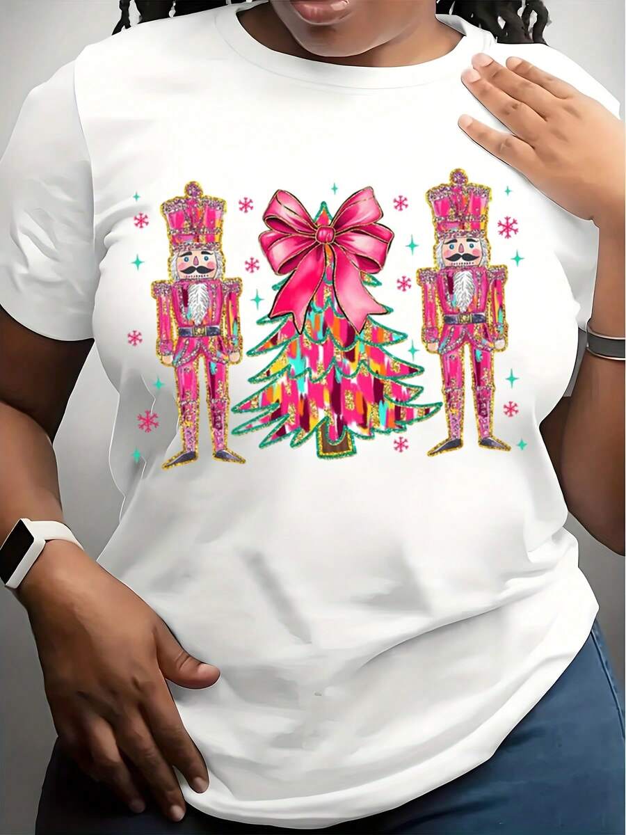 Christmas Nutcracker T-Shirt With Pink Bow And Tree Design, Festive Holiday Graphic Tee For Women, Christmas Party Outfit, Xmas Gift Idea, Seasonal Apparel For Winter Celebrations,220g - 白色 - 查看 1