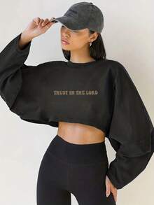 Stylish Oversized Cropped Sweatshirt For Women - Soft And Cozy Long Sleeve Top, Perfect For Casual Outings Or Layering -  Streetwear Fashion, Ideal For Fall And Winter Wardrobe - Available In Multiple Colors To Match Your Unique Style. -Light Grey Spring And Autumn All-Match Casual Basic Style, Playful And Tall - 黑色 - 查看 1