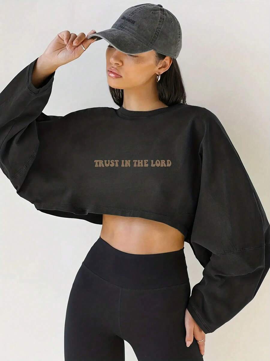 Stylish Oversized Cropped Sweatshirt For Women - Soft And Cozy Long Sleeve Top, Perfect For Casual Outings Or Layering - Streetwear Fashion, Ideal For Fall And Winter Wardrobe - Available In Multiple Colors To Match Your Unique Style. -Light Grey Spring And Autumn All-Match Casual Basic Style, Playful And Tall - 黑色 - 查看 1