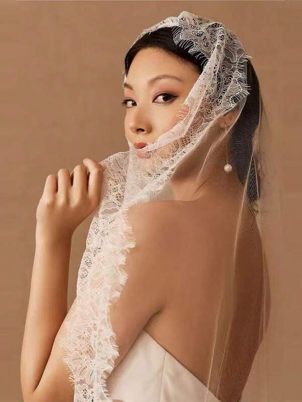 1pc Short Italian Lace Bridal Veil, Swiss Mesh Fabric High-End Wedding Photography Prop