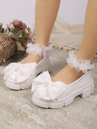 1 Pair Girls' Spring/Autumn New Leather Boots, Bowknot & Pearl Decor, Simple Sweet Princess Shoes, Soft Bottom Comfortable Flat Student Shoes, Girls' Loafers Suitable For Outdoor, Party, Ball