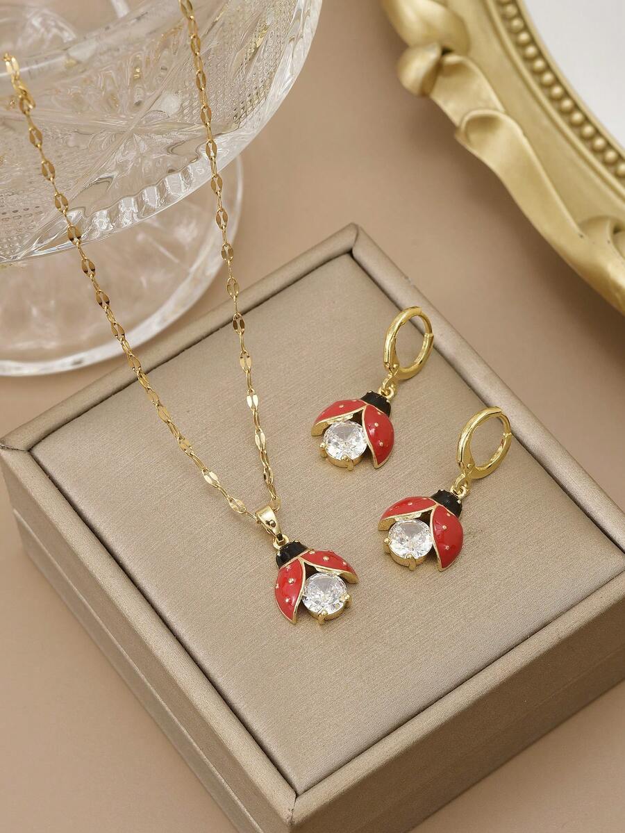 1pc Elegant Cute Fashion Cubic Zirconia Drip Oil 7-Star Ladybug Firefly Stainless Steel Necklace For Women, 1 Pair Elegant Cute Fashion Cubic Zirconia Drip Oil 7-Star Ladybug Firefly Stainless Steel Earrings For Women, Gold Jewelry, Gold Necklace, Stainless Steel Jewelry, Women Jewelry Set