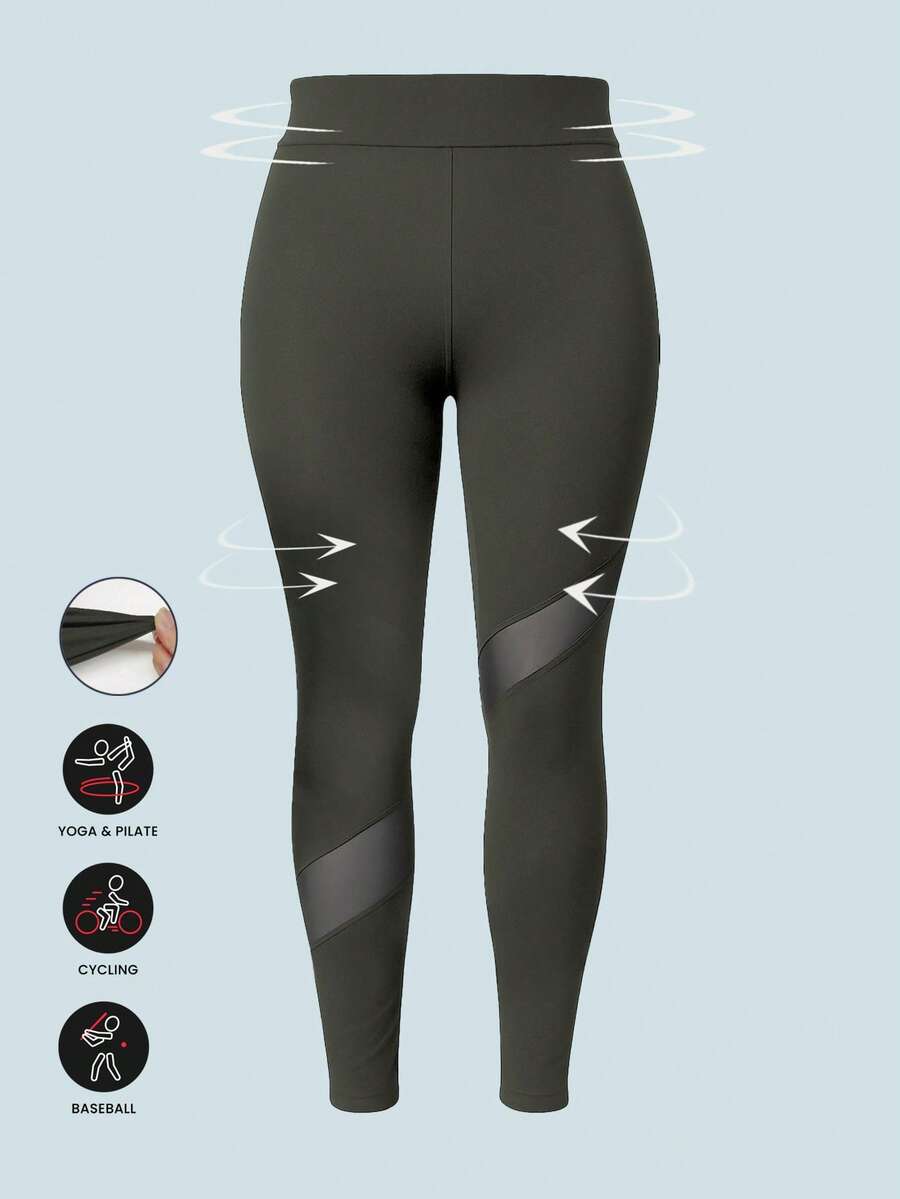 Plus Size Women Sports Pants, Mesh Patchwork Design Plus Size Workout Leggings, High Waist Suitable For Fitness, Running, Yoga, Casual Wear - Dark Grey - View 1
