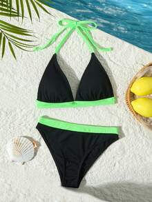 Stylish Halter Neck Bikini With Backless And Lace Up Details Black And Green Ribbed Swimsuit Set For Women Beach Vacation Summer - Black - View 4